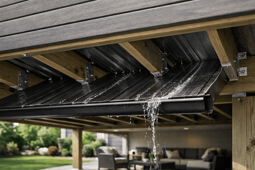 Underneath modern deck with drainage system